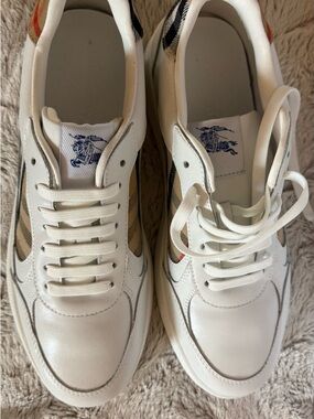 Burberry White Leather Sneakers with Subtle Blue Logo